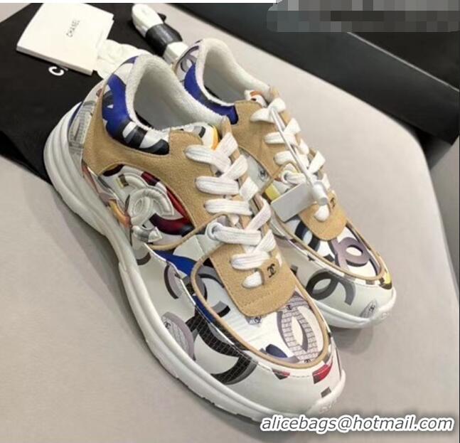 Famous Brand Chanel Multicolor Print Fabric & Calfskin Sneaker CC2035 Beige/White 2020