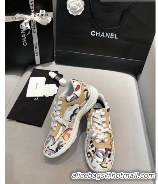 Famous Brand Chanel Multicolor Print Fabric & Calfskin Sneaker CC2035 Beige/White 2020