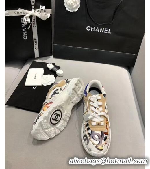 Famous Brand Chanel Multicolor Print Fabric & Calfskin Sneaker CC2035 Beige/White 2020