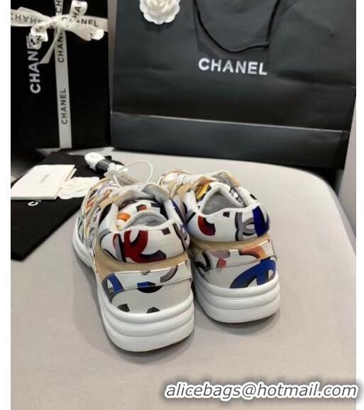 Famous Brand Chanel Multicolor Print Fabric & Calfskin Sneaker CC2035 Beige/White 2020