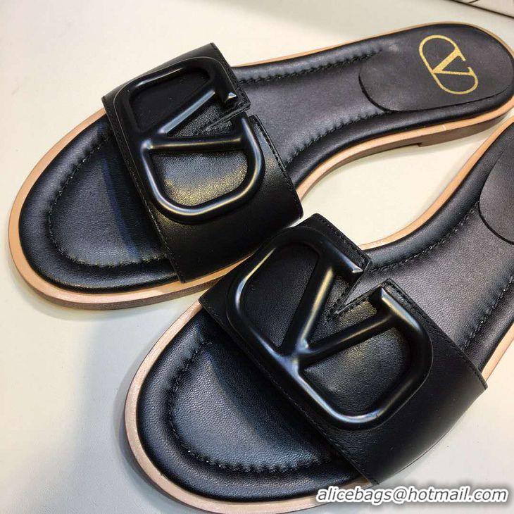 Best Quality Valentino VLogo Calfskin Flat Slides Sandals V22625 Black