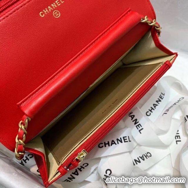 Classic Chanel WOC Original Leather Golden Ball Flap cross-body bag B33818 Red