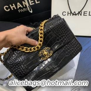 Grade Cheapest CHANEL 19 Flap Bag Crocodile Leather AS1160 black