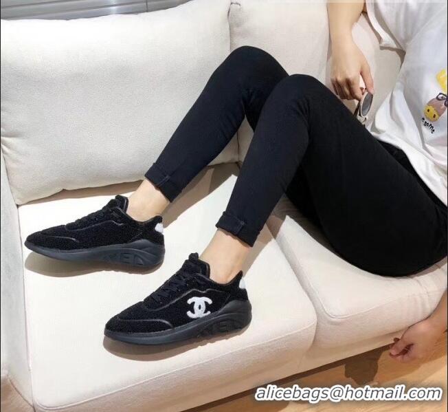 Buy Inexpensive Chanel Terry-cloth & Goatskin Classic Sneaker G02049 Black 2020