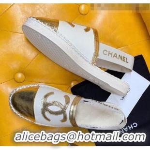 Hot Style Chanel Lambskin Espadrilles Mules Sandals G52113 White/Gold 2020