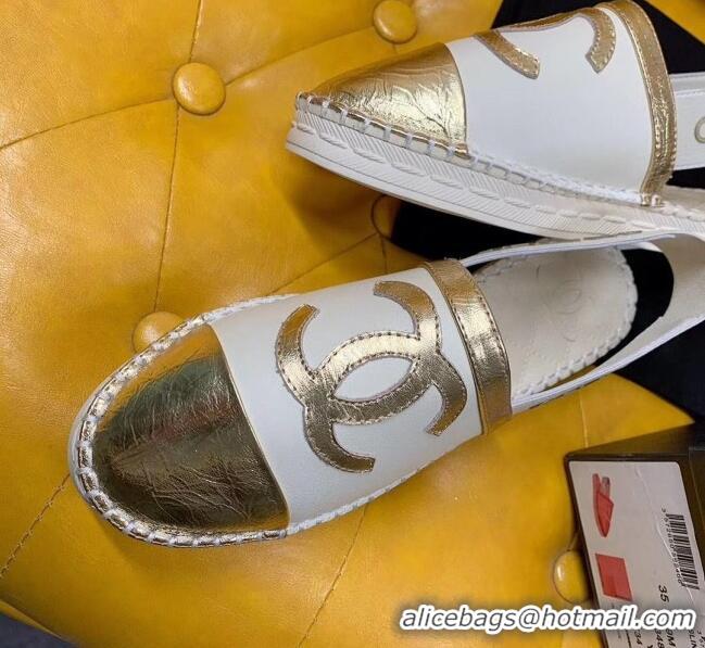 Hot Style Chanel Lambskin Espadrilles Mules Sandals G52113 White/Gold 2020