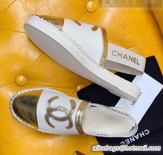 Hot Style Chanel Lambskin Espadrilles Mules Sandals G52113 White/Gold 2020