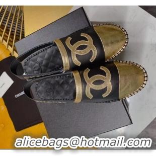 Top Quality Chanel Lambskin Espadrilles Mules Sandals G52113 Black/Gold 2020