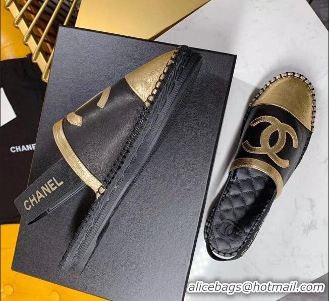 Top Quality Chanel Lambskin Espadrilles Mules Sandals G52113 Black/Gold 2020