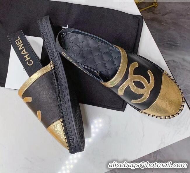 Top Quality Chanel Lambskin Espadrilles Mules Sandals G52113 Black/Gold 2020