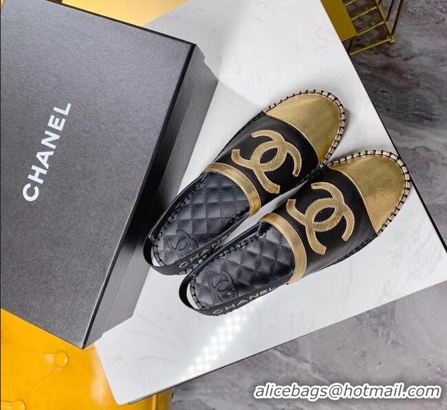 Top Quality Chanel Lambskin Espadrilles Mules Sandals G52113 Black/Gold 2020