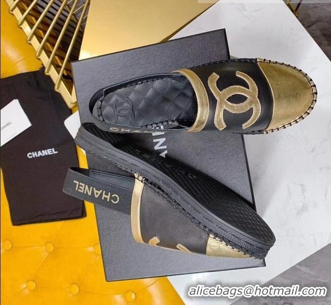 Top Quality Chanel Lambskin Espadrilles Mules Sandals G52113 Black/Gold 2020