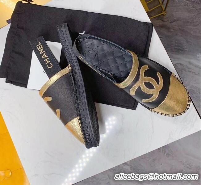 Top Quality Chanel Lambskin Espadrilles Mules Sandals G52113 Black/Gold 2020