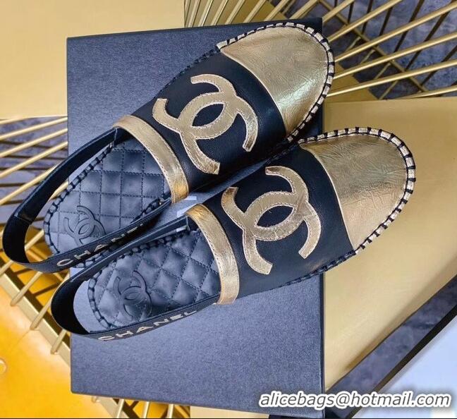 Top Quality Chanel Lambskin Espadrilles Mules Sandals G52113 Black/Gold 2020