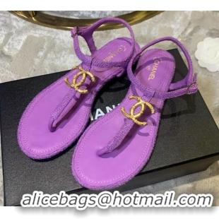 Low Cost Chanel Tweed & Lambskin Thong Sandals With CC Logo G52121 Purple 2020