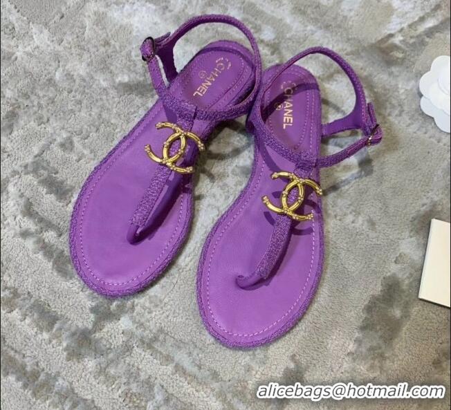 Low Cost Chanel Tweed & Lambskin Thong Sandals With CC Logo G52121 Purple 2020