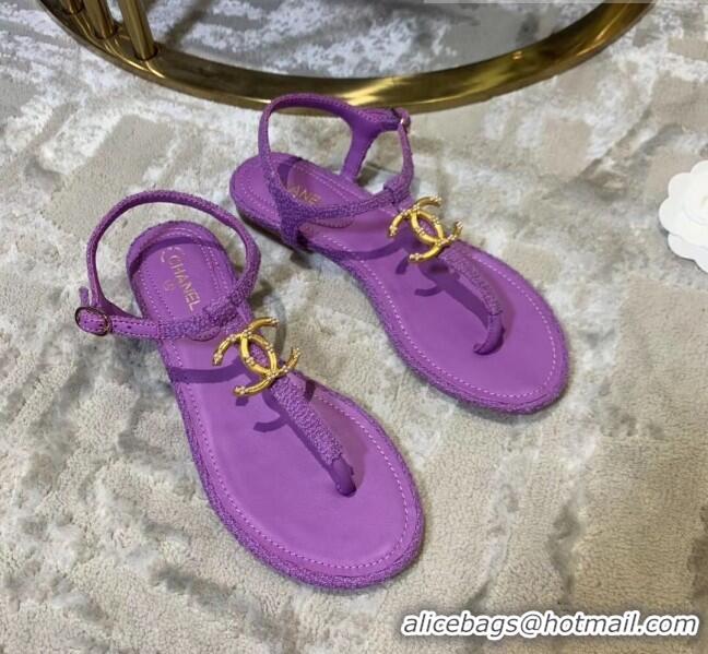 Low Cost Chanel Tweed & Lambskin Thong Sandals With CC Logo G52121 Purple 2020