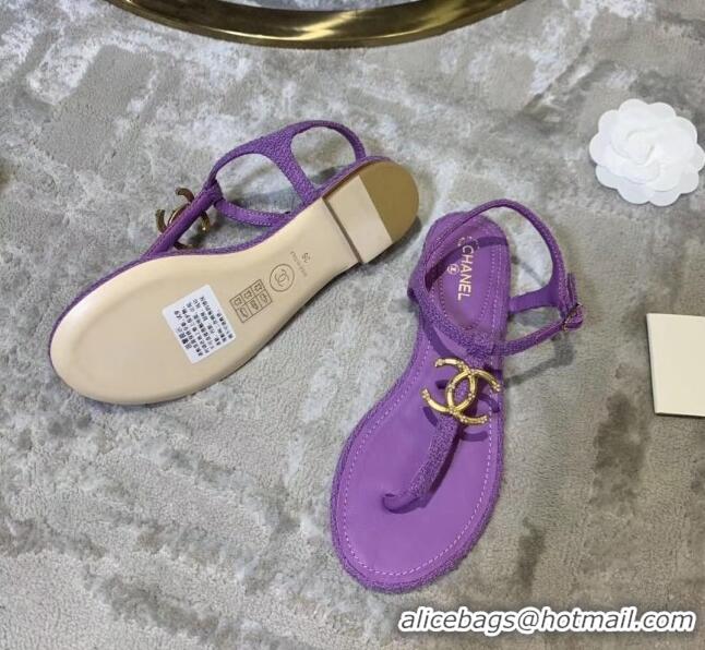 Low Cost Chanel Tweed & Lambskin Thong Sandals With CC Logo G52121 Purple 2020