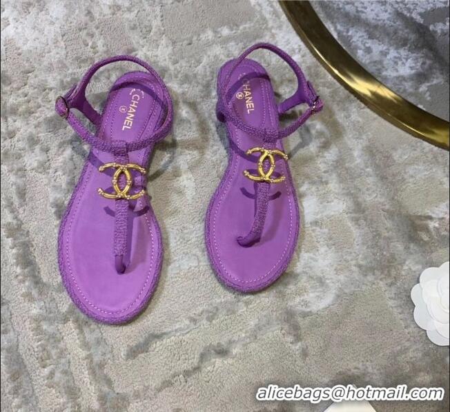 Low Cost Chanel Tweed & Lambskin Thong Sandals With CC Logo G52121 Purple 2020