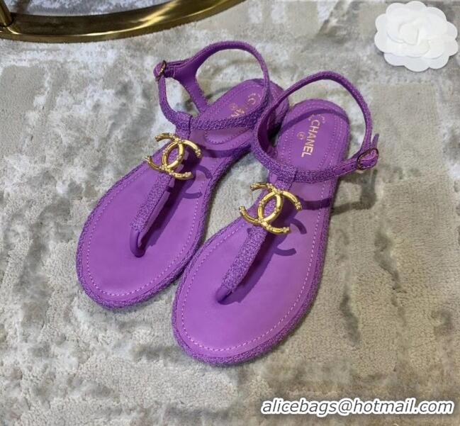 Low Cost Chanel Tweed & Lambskin Thong Sandals With CC Logo G52121 Purple 2020