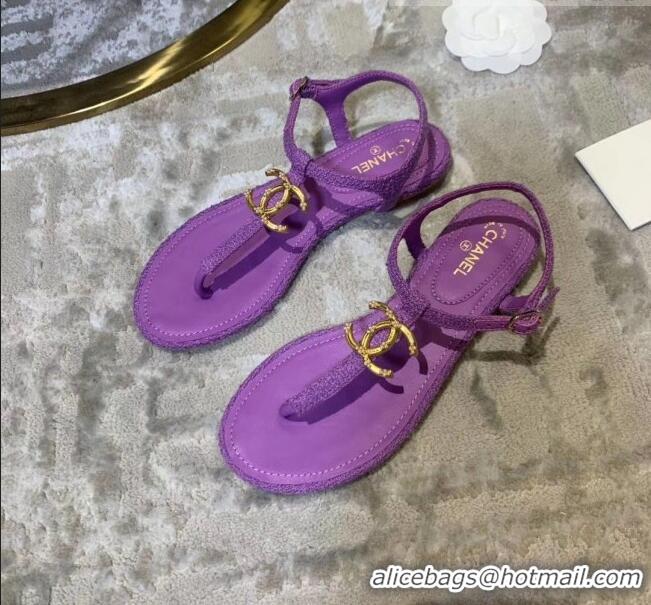 Low Cost Chanel Tweed & Lambskin Thong Sandals With CC Logo G52121 Purple 2020