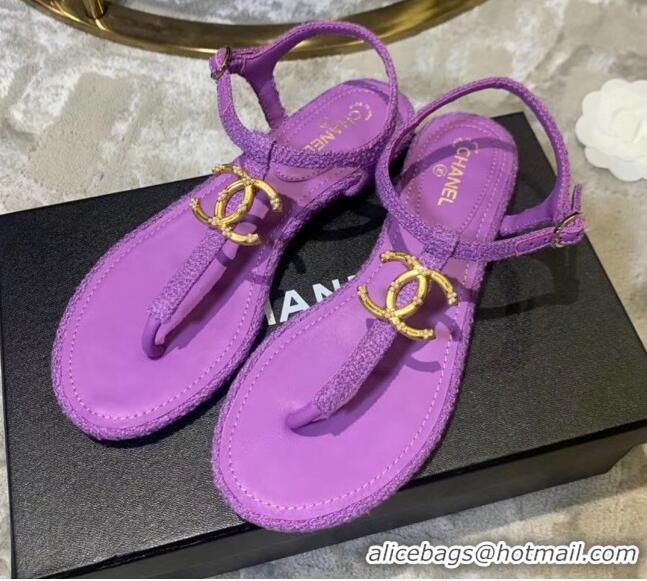 Low Cost Chanel Tweed & Lambskin Thong Sandals With CC Logo G52121 Purple 2020