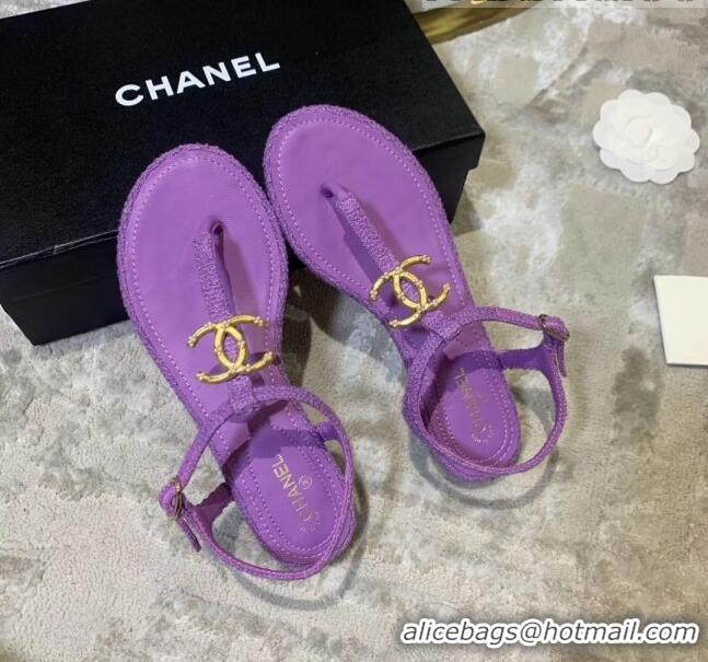 Low Cost Chanel Tweed & Lambskin Thong Sandals With CC Logo G52121 Purple 2020