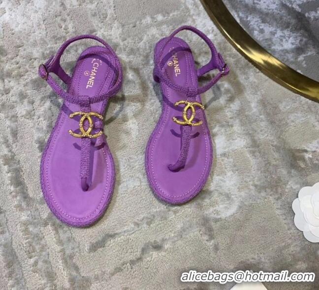 Low Cost Chanel Tweed & Lambskin Thong Sandals With CC Logo G52121 Purple 2020