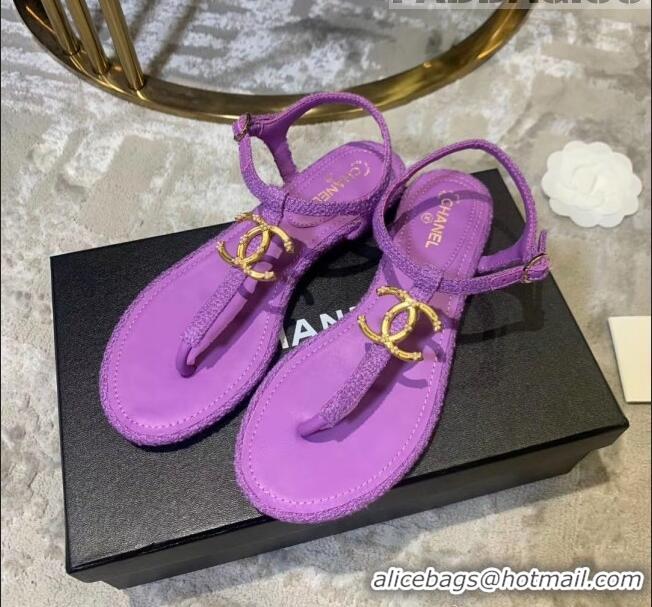 Low Cost Chanel Tweed & Lambskin Thong Sandals With CC Logo G52121 Purple 2020