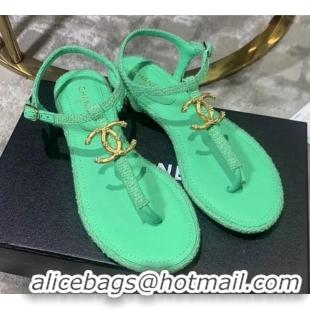 Best Design Chanel Tweed & Lambskin Thong Sandals With CC Logo G52121 Green 2020