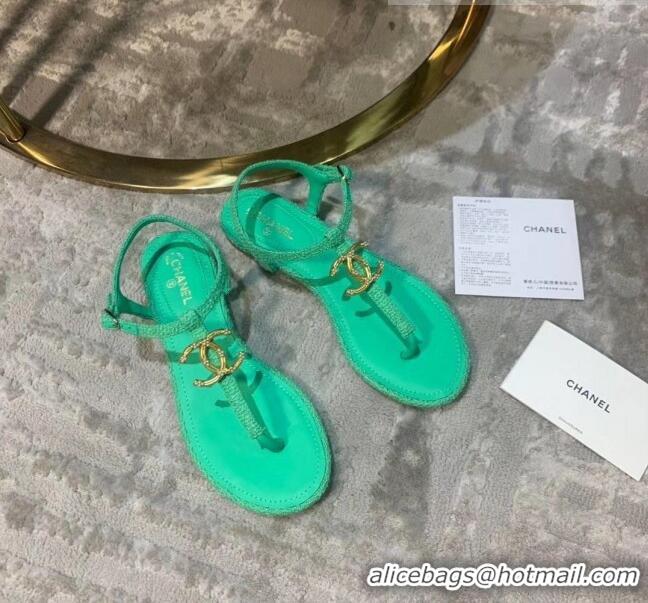 Best Design Chanel Tweed & Lambskin Thong Sandals With CC Logo G52121 Green 2020