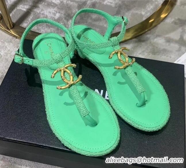 Best Design Chanel Tweed & Lambskin Thong Sandals With CC Logo G52121 Green 2020