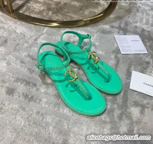 Best Design Chanel Tweed & Lambskin Thong Sandals With CC Logo G52121 Green 2020