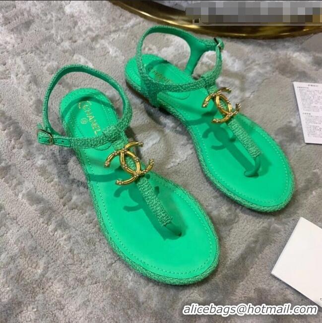 Best Design Chanel Tweed & Lambskin Thong Sandals With CC Logo G52121 Green 2020