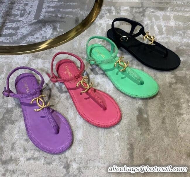 Best Design Chanel Tweed & Lambskin Thong Sandals With CC Logo G52121 Green 2020