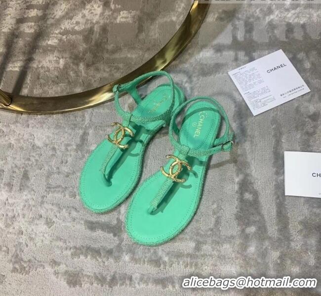 Best Design Chanel Tweed & Lambskin Thong Sandals With CC Logo G52121 Green 2020