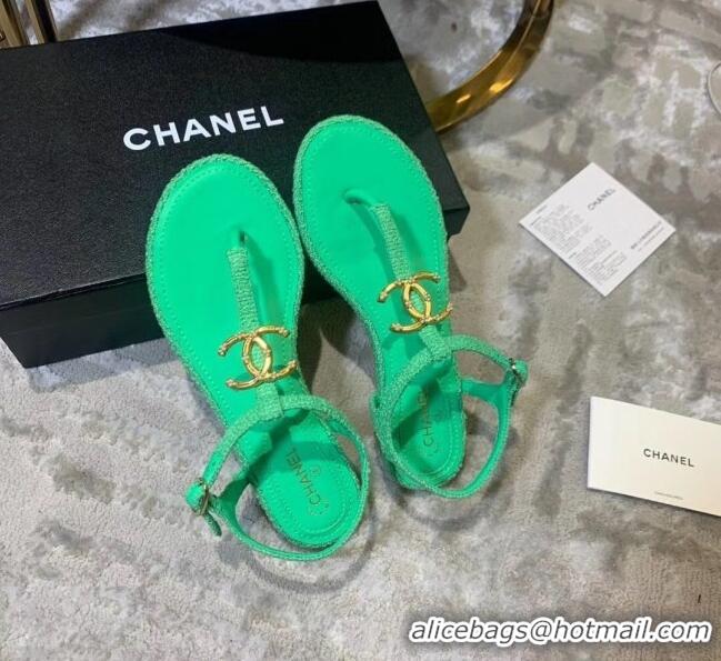 Best Design Chanel Tweed & Lambskin Thong Sandals With CC Logo G52121 Green 2020