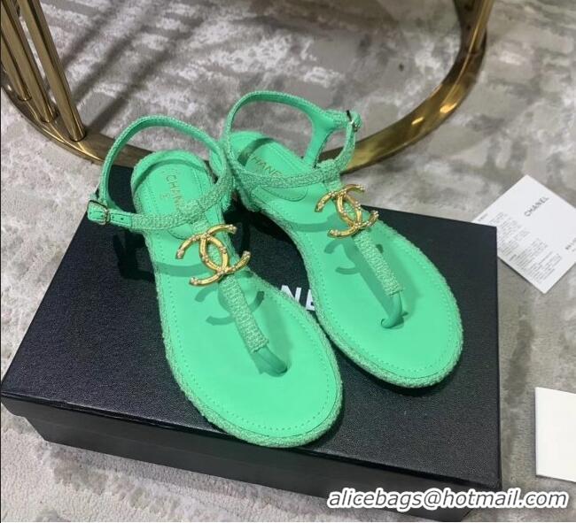 Best Design Chanel Tweed & Lambskin Thong Sandals With CC Logo G52121 Green 2020