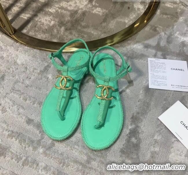 Best Design Chanel Tweed & Lambskin Thong Sandals With CC Logo G52121 Green 2020