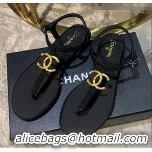 Top Quality Chanel Tweed & Lambskin Thong Sandals With CC Logo G52121 Black 2020