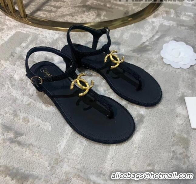 Top Quality Chanel Tweed & Lambskin Thong Sandals With CC Logo G52121 Black 2020