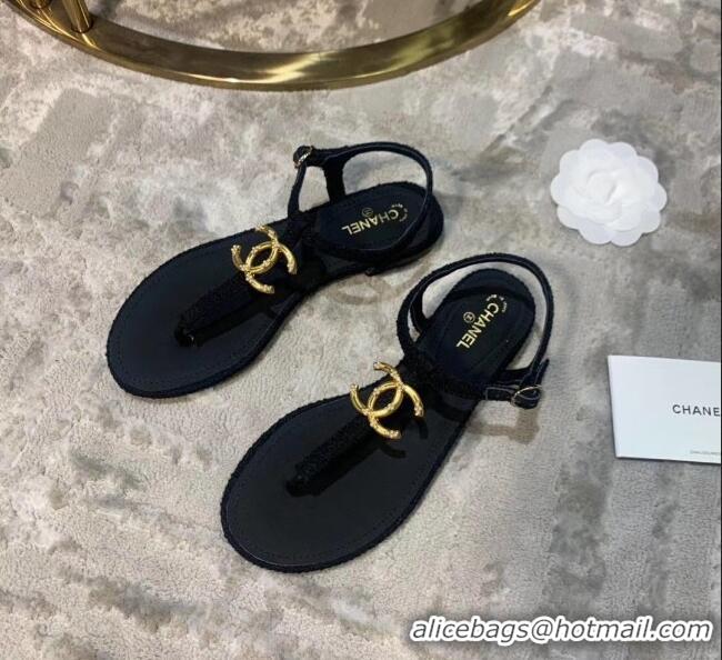 Top Quality Chanel Tweed & Lambskin Thong Sandals With CC Logo G52121 Black 2020