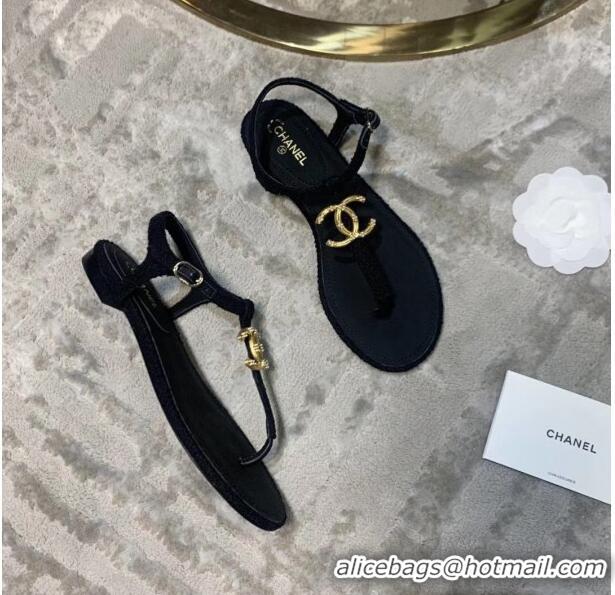 Top Quality Chanel Tweed & Lambskin Thong Sandals With CC Logo G52121 Black 2020