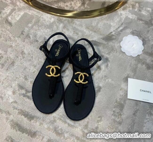 Top Quality Chanel Tweed & Lambskin Thong Sandals With CC Logo G52121 Black 2020