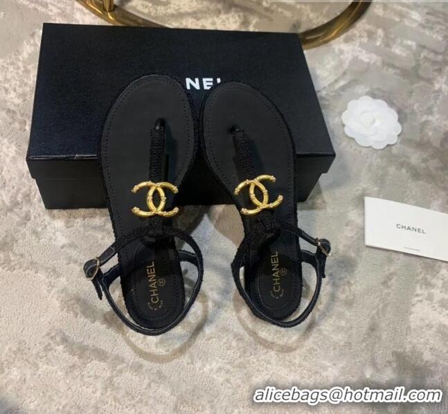 Top Quality Chanel Tweed & Lambskin Thong Sandals With CC Logo G52121 Black 2020