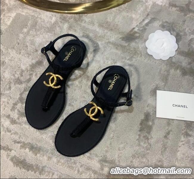 Top Quality Chanel Tweed & Lambskin Thong Sandals With CC Logo G52121 Black 2020