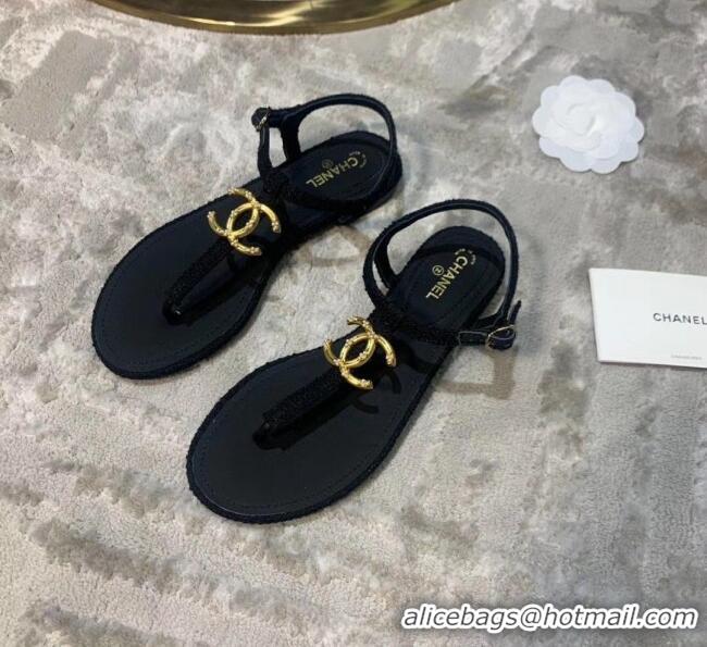 Top Quality Chanel Tweed & Lambskin Thong Sandals With CC Logo G52121 Black 2020