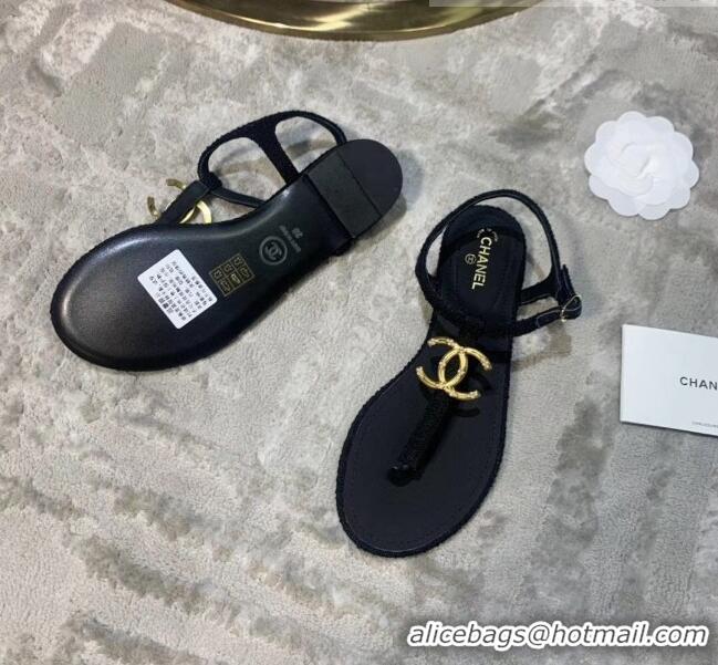 Top Quality Chanel Tweed & Lambskin Thong Sandals With CC Logo G52121 Black 2020