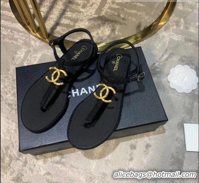 Top Quality Chanel Tweed & Lambskin Thong Sandals With CC Logo G52121 Black 2020