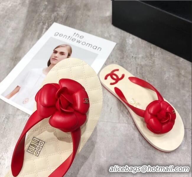 Traditional Discount Chanel Rubber Camellia Thong Slides Sandals G02125 Red 2020